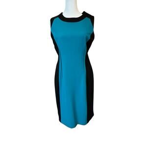 Calvin Klein Sleeveless Sheath Dress Color Block Size 8 Black Teal Blue Career